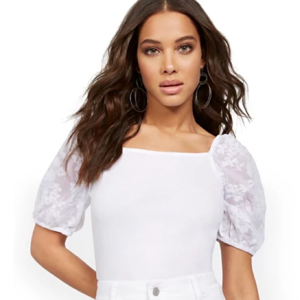 New York & Company Sheer Puff-Sleeve Top